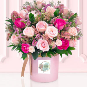 BOX DE ROSAS ROSADAS,FUCSIA Y WATTS