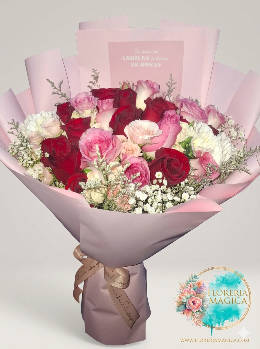 Ramo Premium "Abriles" - Elegancia en Rosas Rojas, Rosadas y Blancas